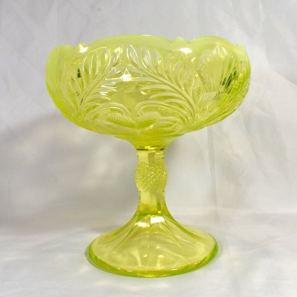 Mosser Vaseline Glass Large Thistle Compote Uranium Glows